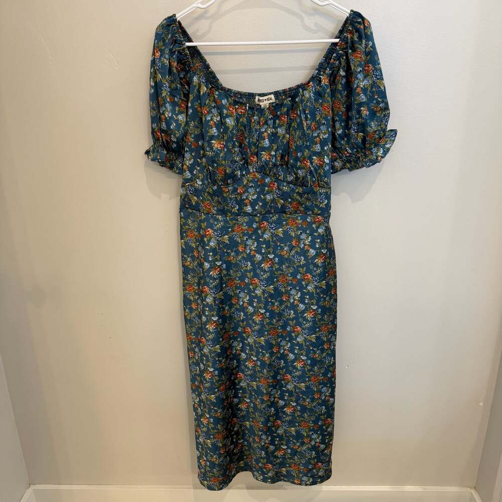 Inspired Hearts Floral Print Puff Sleeve Sweetheart Neckline Midi Dress